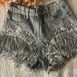 Embellished Denim Shorts with Fringe